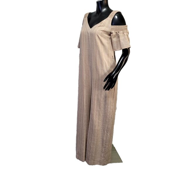 Moon River Womens S Taupe Muslin Cotton Wide Leg Cold Shoulder Jumpsuit‎ NEW - Picture 5 of 11